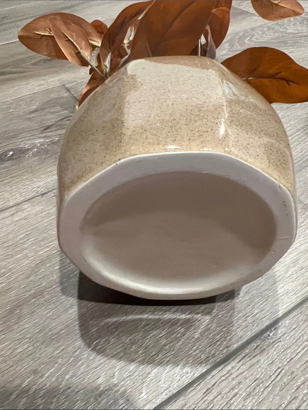 Rust Brown Faux Foliage Arrangement in Tan Ceramic Vase